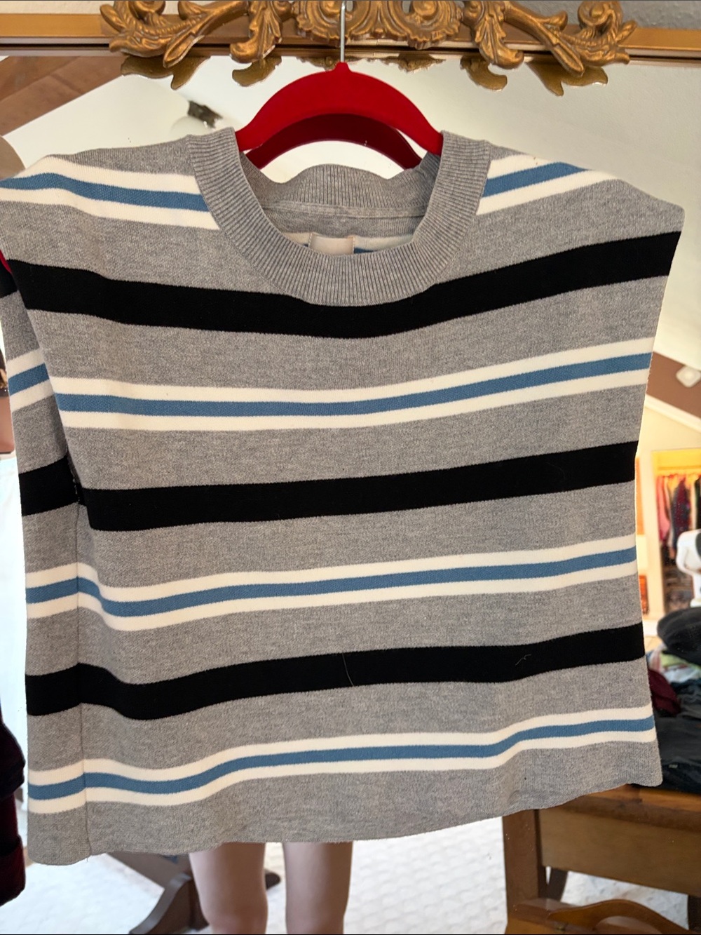 Maeve Gray Knit Sweater with Black and Blue Stripes
